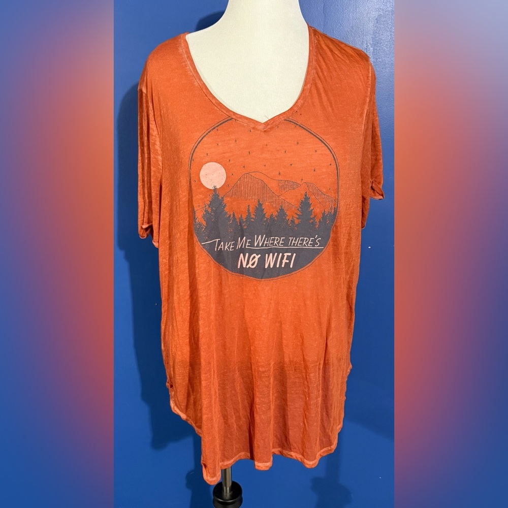 Maurices Rust Burn Out Cuffed No Wifi Mountains V-Neck Graphic T-Shirt Size-2X